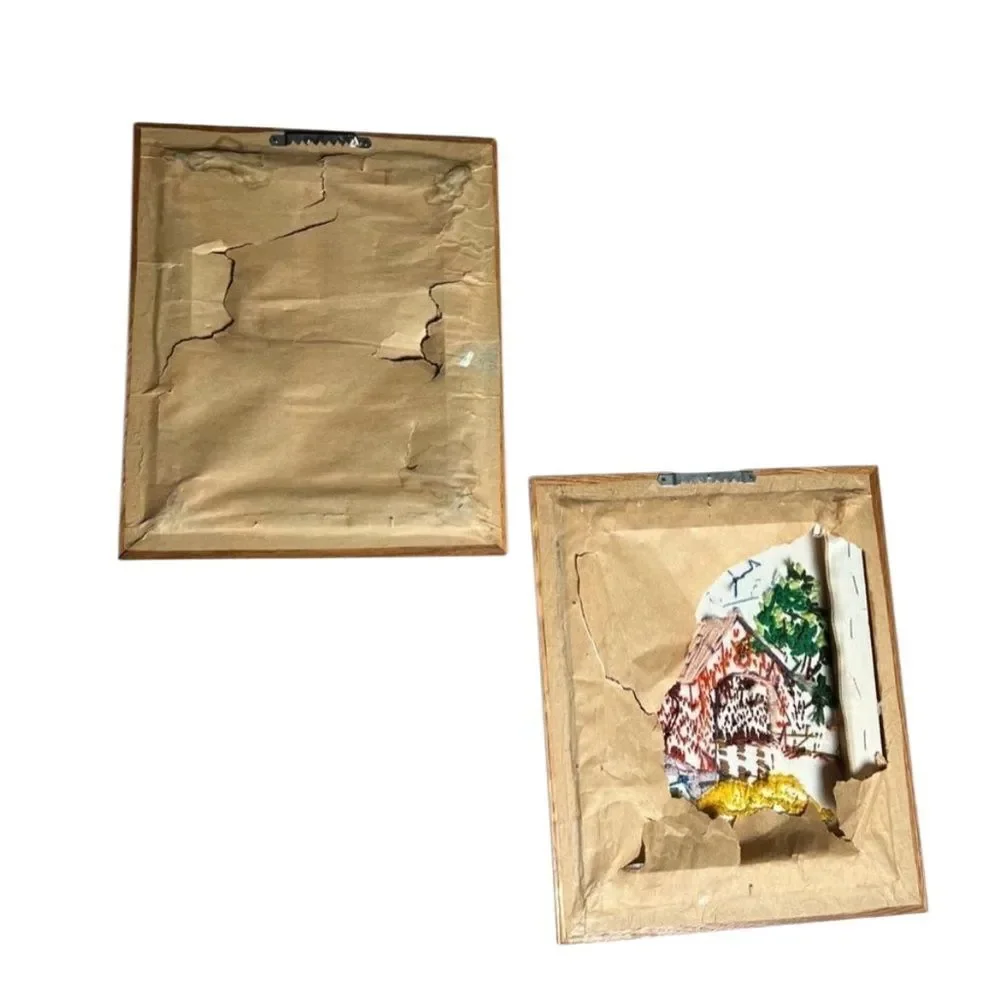 2 Set Pair 70s MCM Crewel Needlepoint Embroidered Tapestry Country Yarn Wall Art